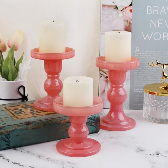 3-Piece Set of Glass Candlestick, Crystal Candlestick Holder (PINK) / BR… - Picture 3 of 7